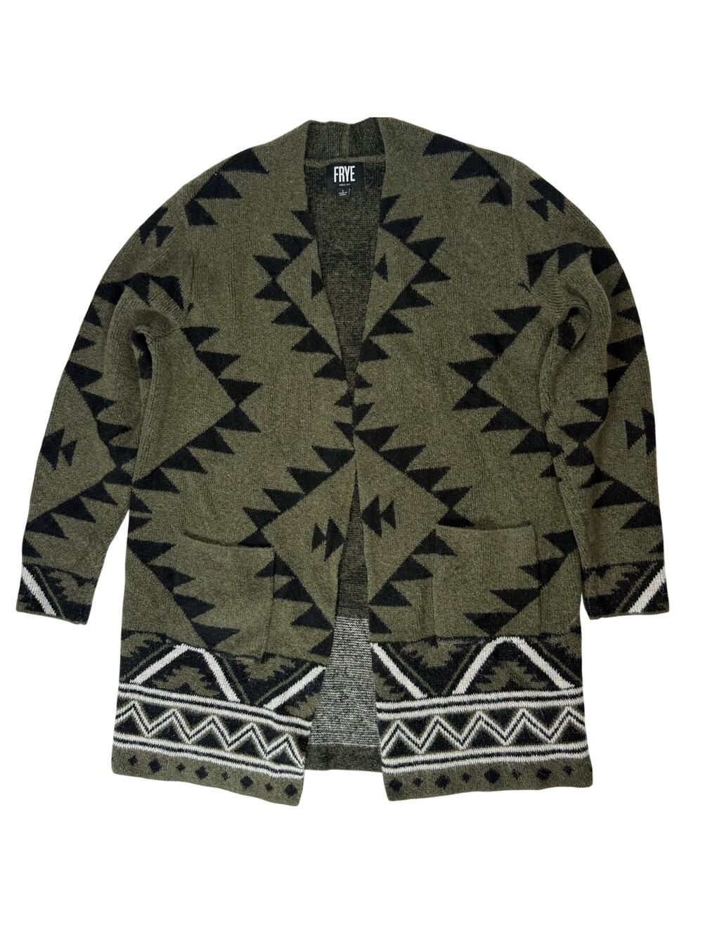 Frye Long Cardigan Sweater Women’s Large Green Black Aztec Knit Layering